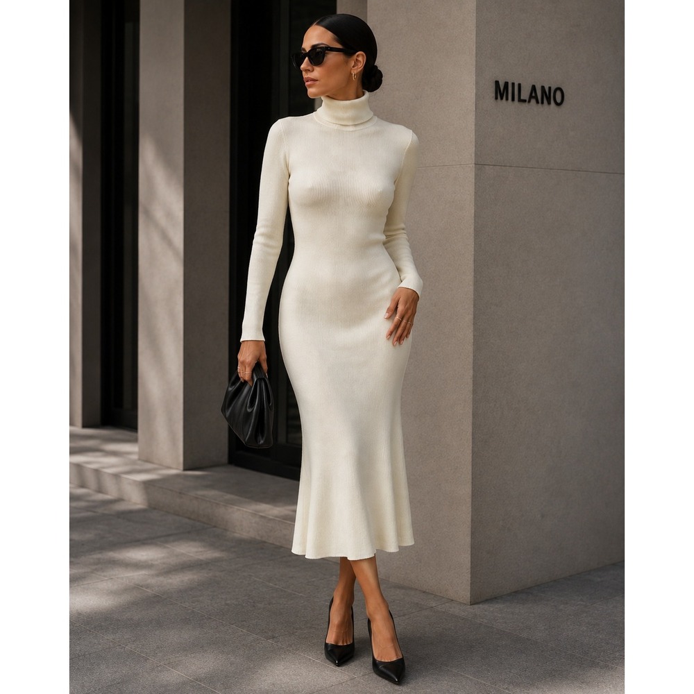 Commense Long Sleeve Turtleneck Midi Dress Ribbed Knit Bodycon Sweater Dress L